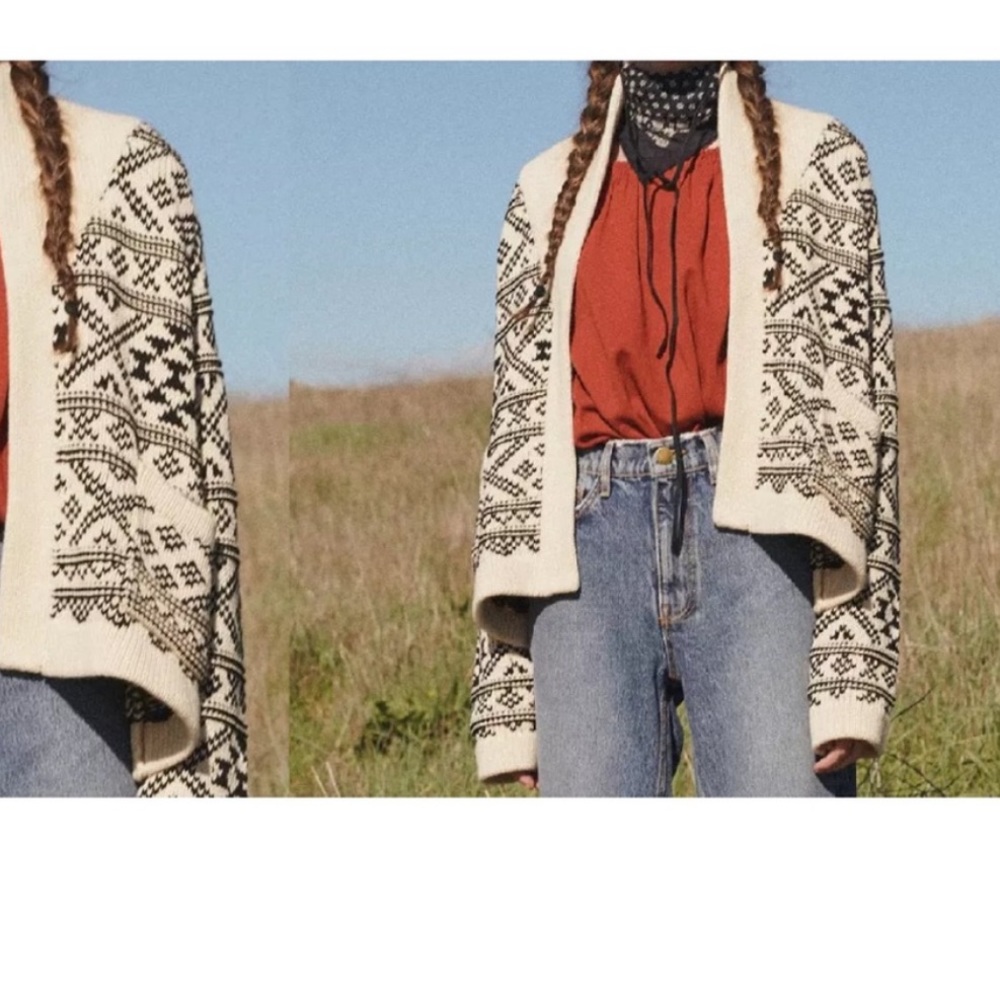 The Great. Black and Cream Shawl Collar Fair Isle Sweater